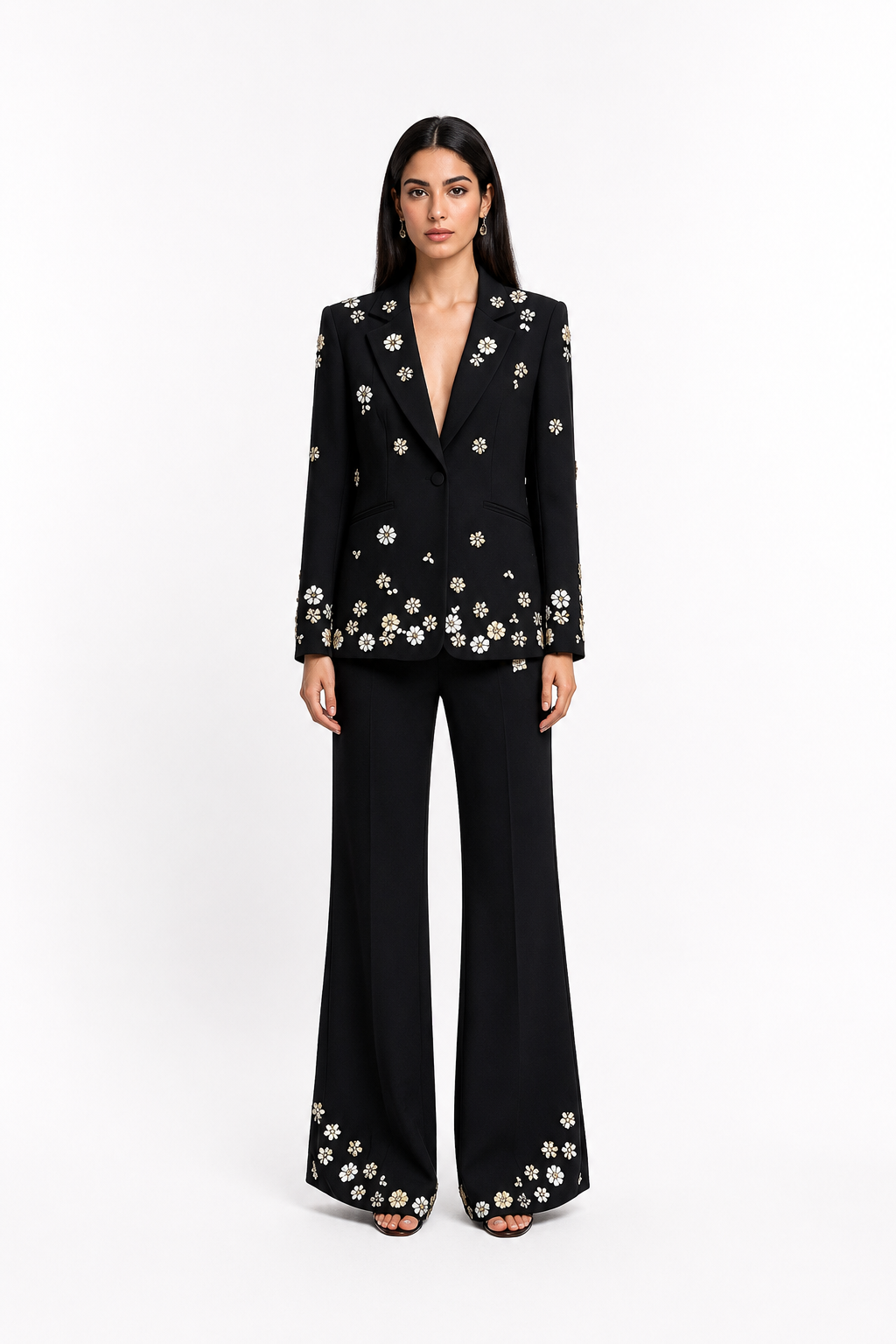 Black Floral Embroidered Blazer & Wide-Leg Pants Set – FLORÉNZA