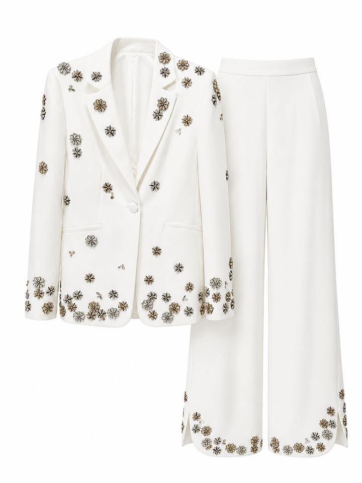 Black Floral Embroidered Blazer & Wide-Leg Pants Set – FLORÉNZA