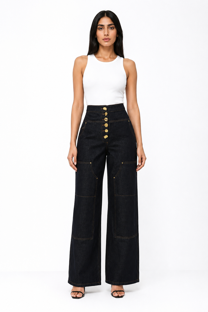 High-Waist Wide Leg Denim Pants with Gold Button Detail – INDIGO