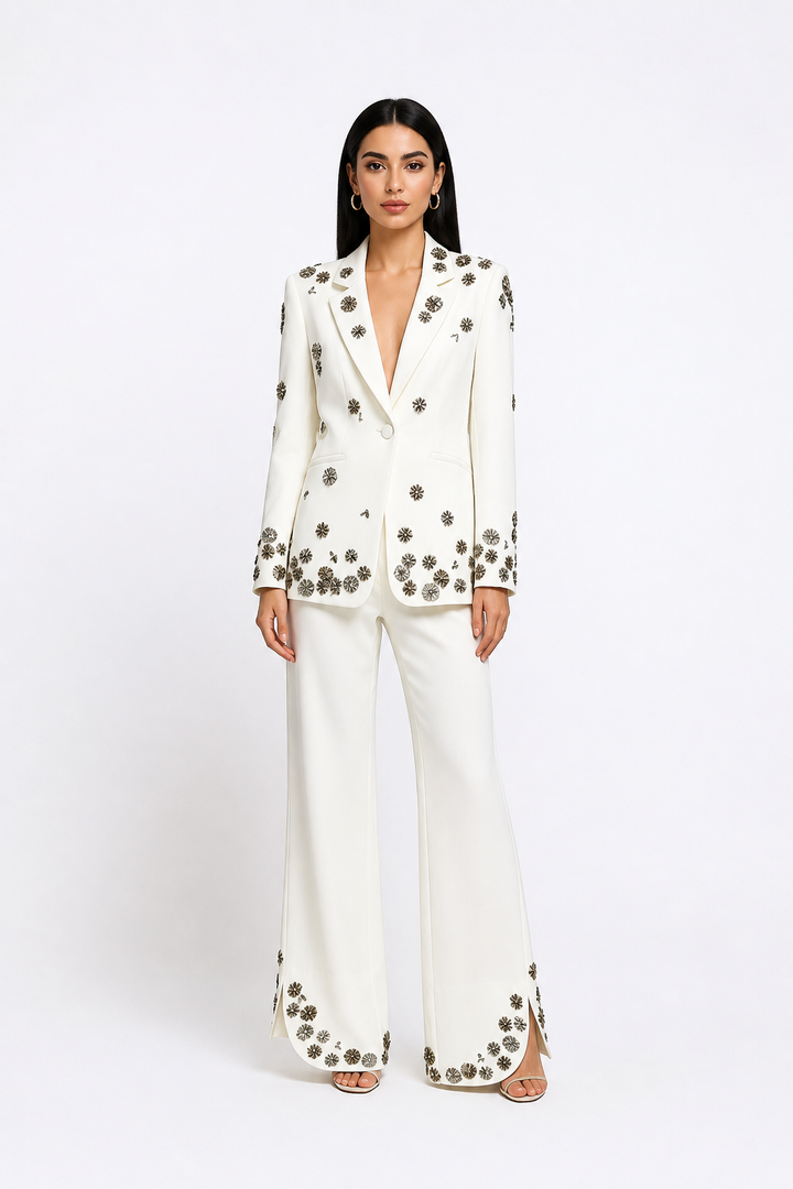 Black Floral Embroidered Blazer & Wide-Leg Pants Set – FLORÉNZA