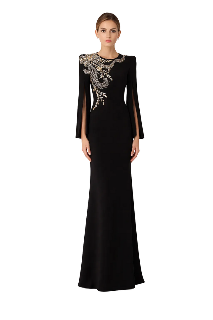 Embellished Long-Sleeve Maxi Dress with Sculpted Silhouette – IMPERIA