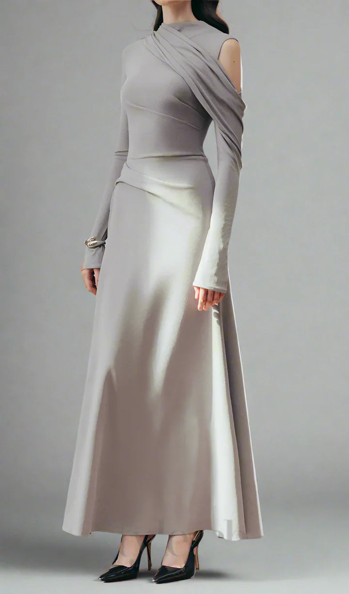 one-sleeve draped satin dress with cut-out shoulder - Magena-1