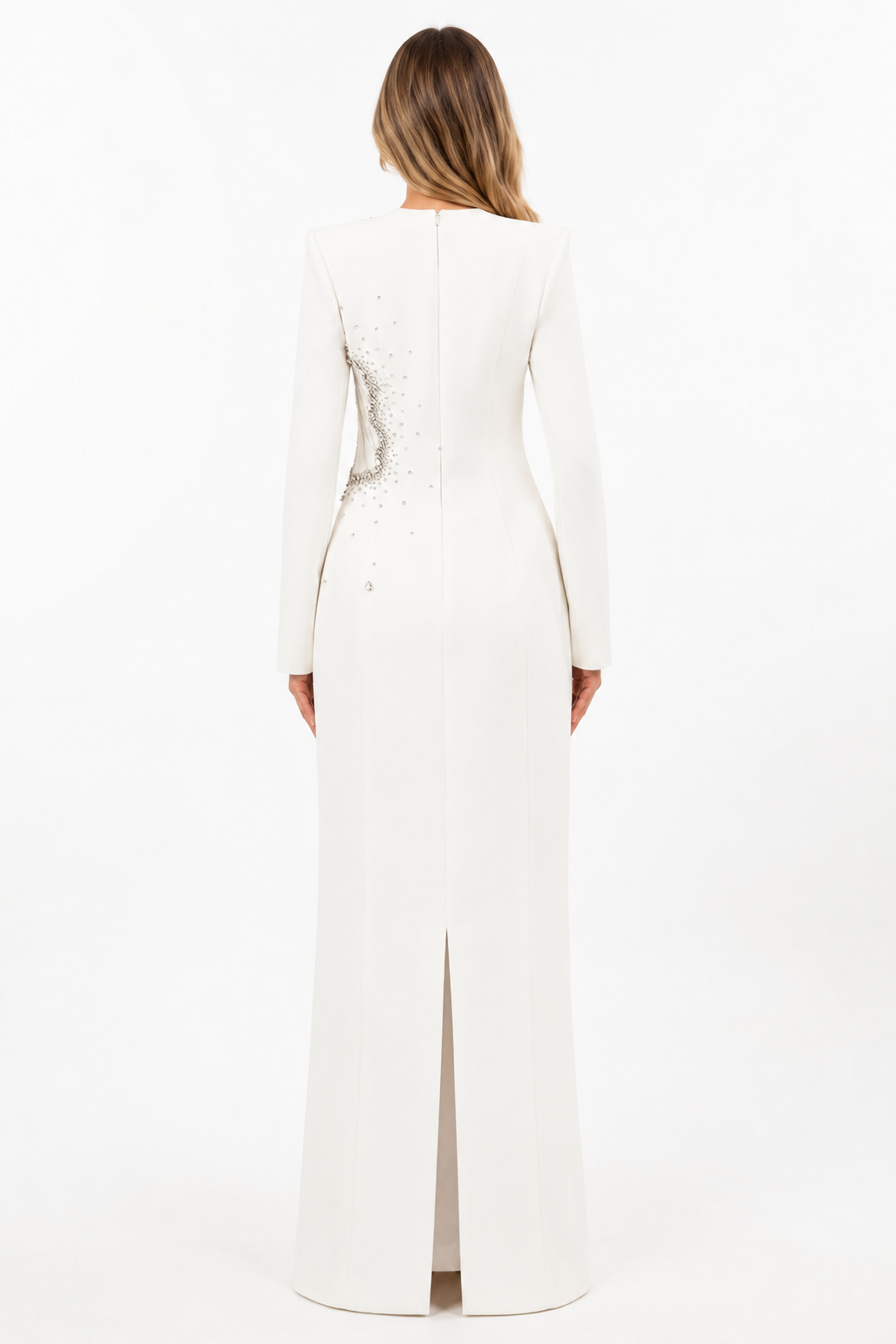 Long-Sleeve Column Dress with Embellished Floral Details - IVORY