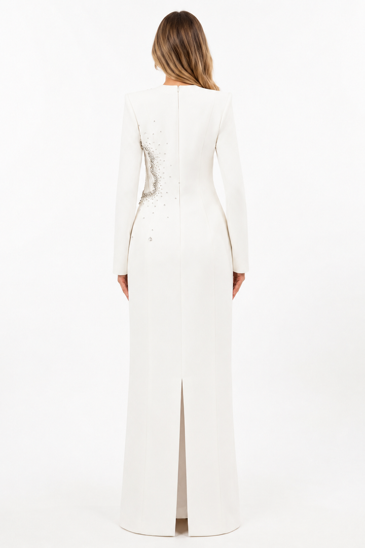 Long-Sleeve Column Dress with Embellished Floral Details - IVORY