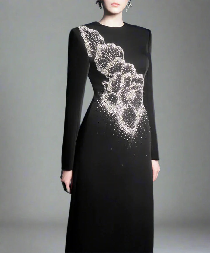 Long-Sleeve A-line Dress with Beaded Floral Accents - BLOSSOM