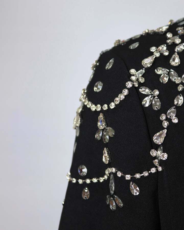 Black column dress with beaded shoulders and long sleeves ODD-Telqo
