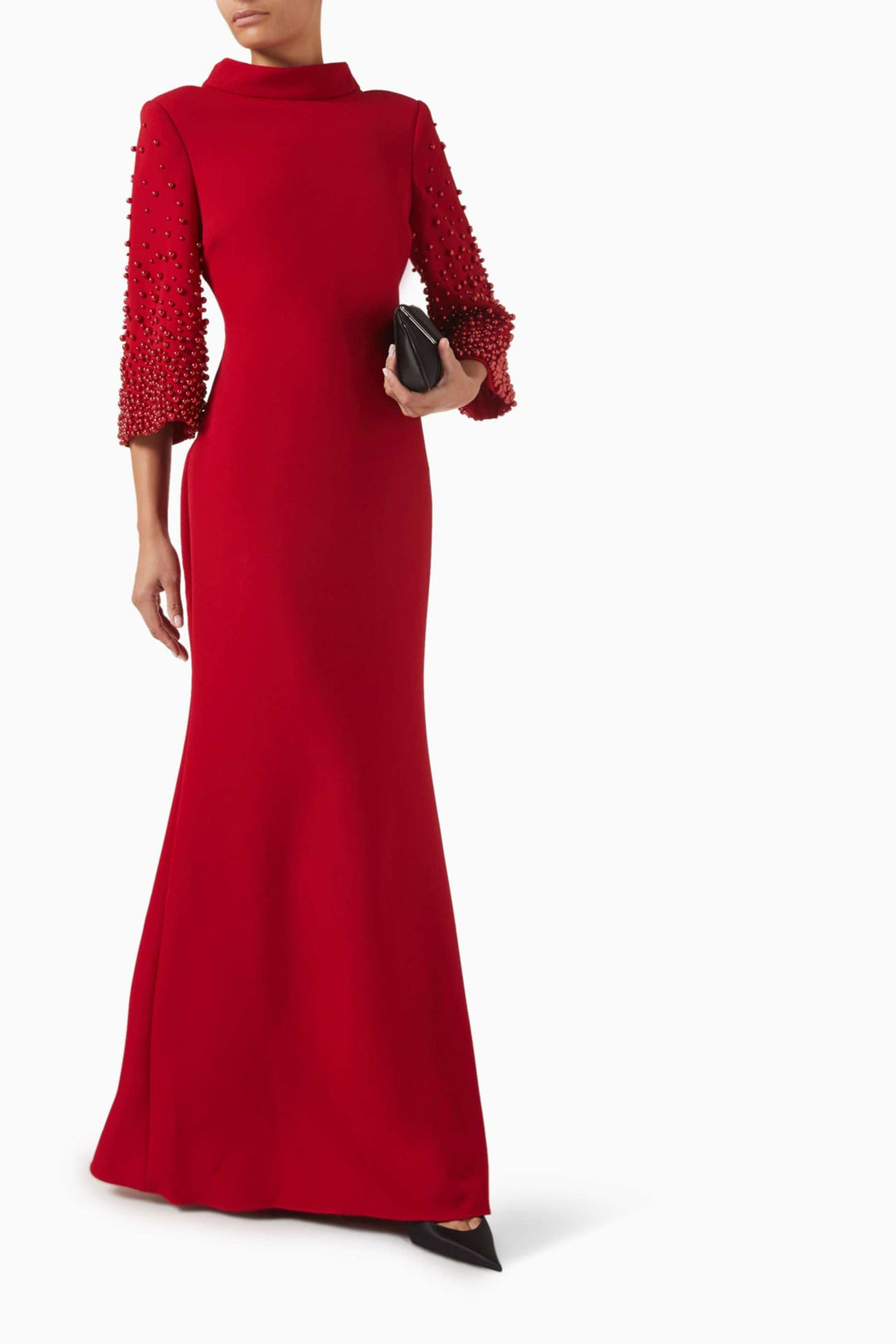 Beaded sleeve column gown with high neckline – SCARLETTA