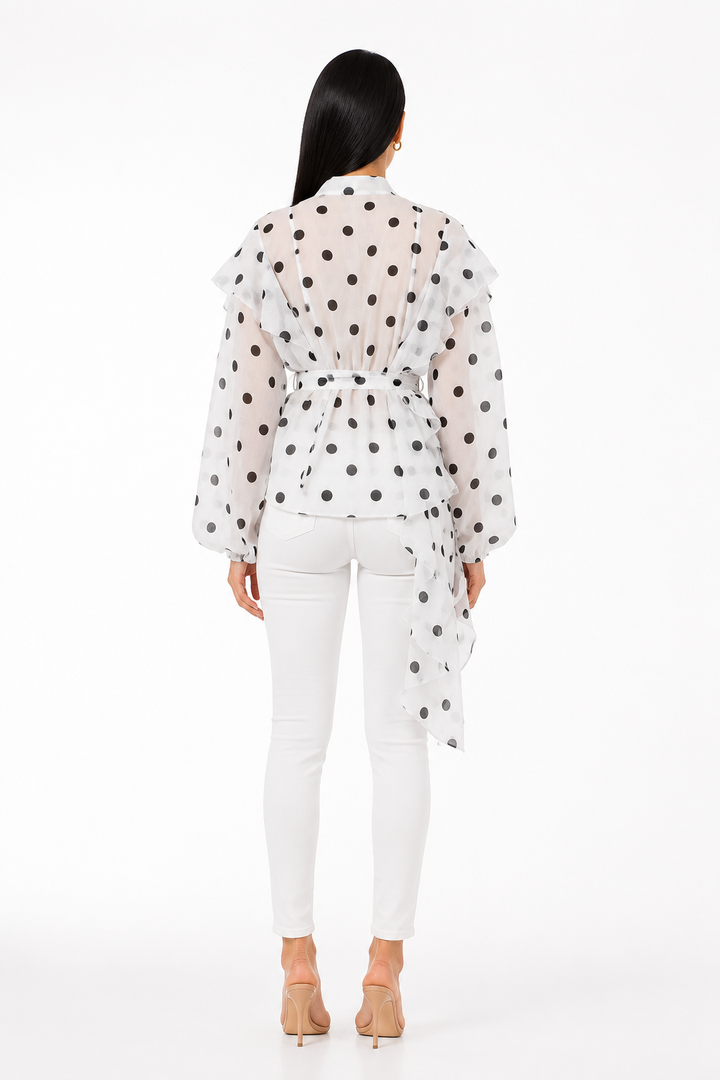 White Polka Dot Sheer Ruffle Blouse – ÉLIVIA