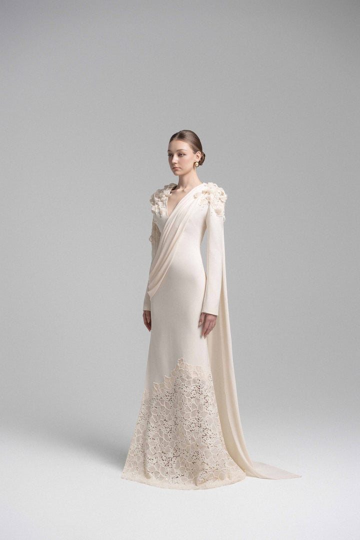 draped lace-embellished gown with floral shoulders – ODD- ELARIS