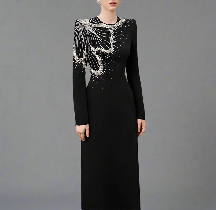 Long-Sleeve Column Dress with Beaded Floral Detail - CELESTE