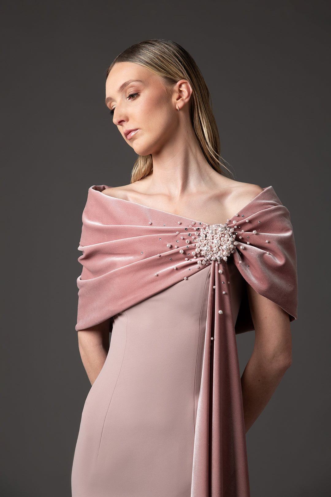 off-shoulder column gown with embellished velvet drape – ODD- ELYSIA