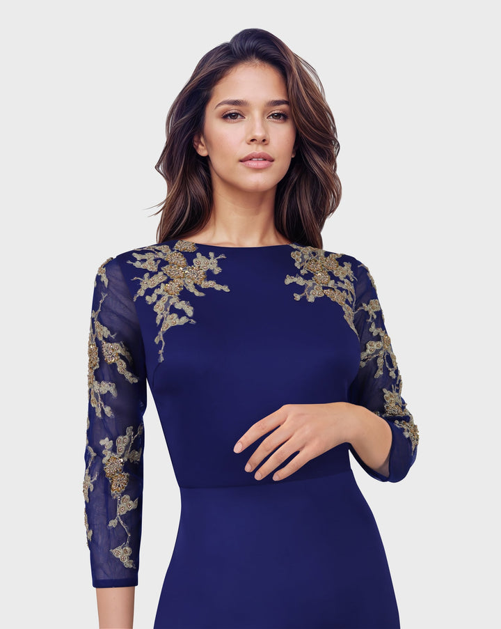 ODD-Blue Floor-Length Dress with see through sequined sleeves-Areejh