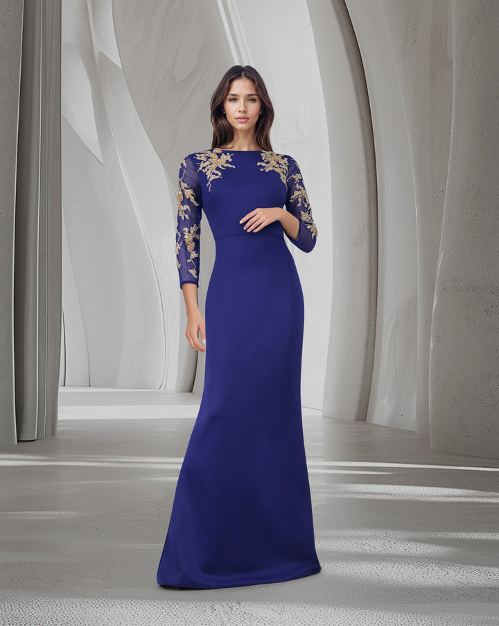 ODD-Blue Floor-Length Dress with see through sequined sleeves-Areejh