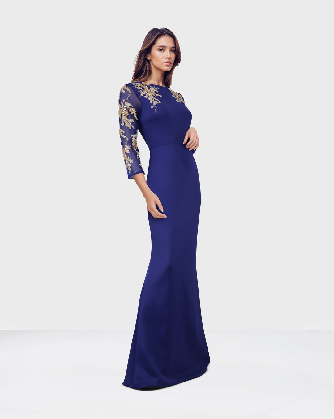 ODD-Blue Floor-Length Dress with see through sequined sleeves-Areejh