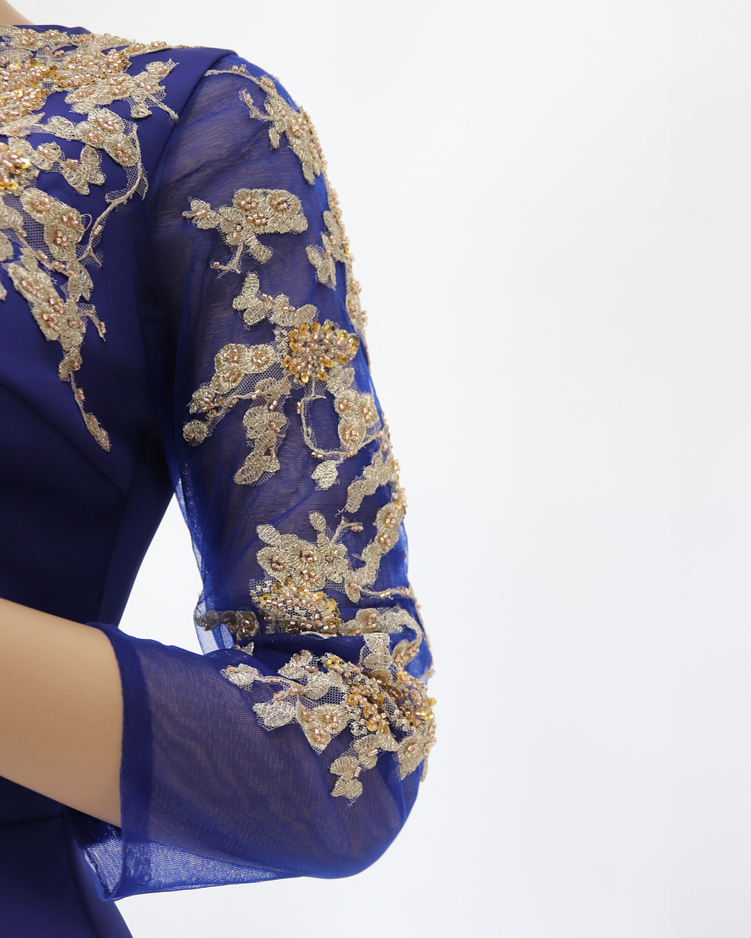 ODD-Blue Floor-Length Dress with see through sequined sleeves-Areejh