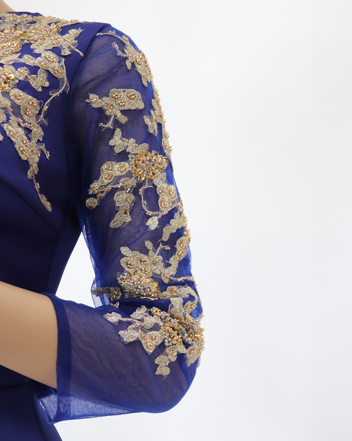 ODD-Blue Floor-Length Dress with see through sequined sleeves-Areejh