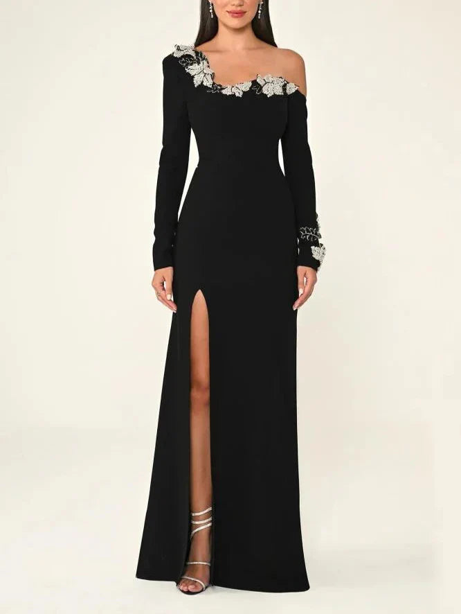 One-sleeve column dress with floral appliqué and front slit – NOIR BELLA - 1