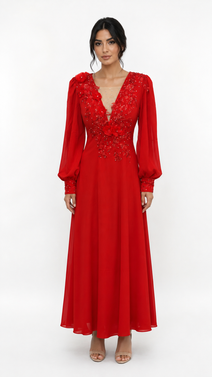 long-sleeve A-line evening gown with embellished V-neck – VALENTINA