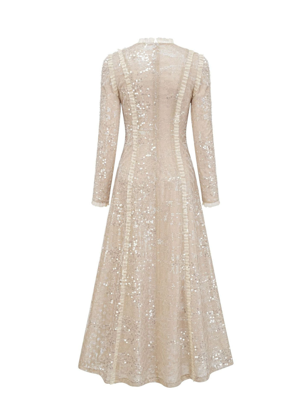 long sleeve embellished lace midi dress with high neck – CHAMPAGNE