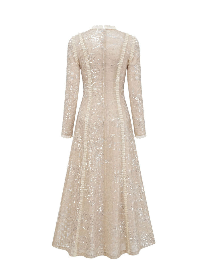 long sleeve embellished lace midi dress with high neck – CHAMPAGNE