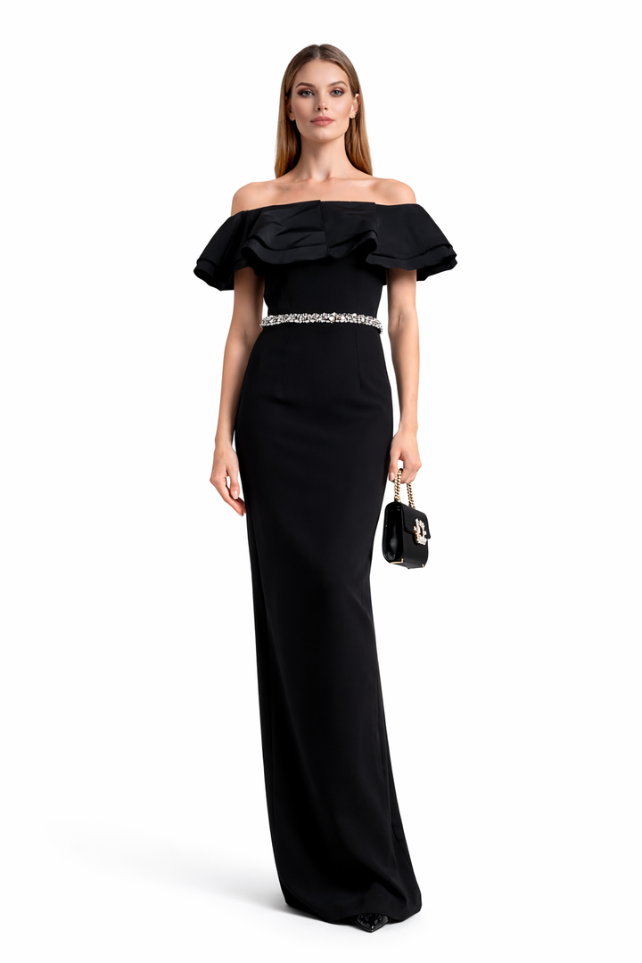 off-shoulder ruffle column dress with crystal waist belt – NOIRIA
