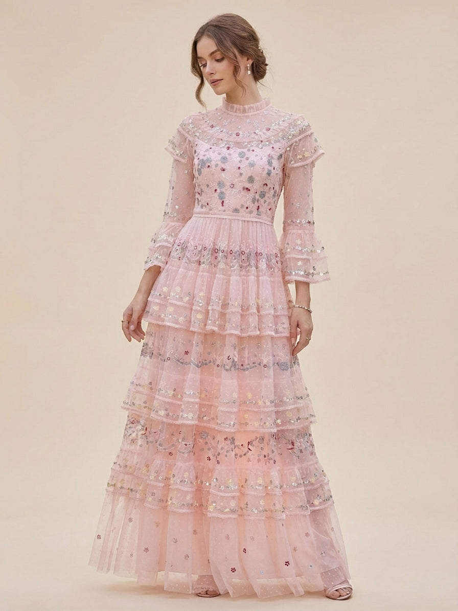 high-neck embroidered tulle maxi dress with layered ruffles – BLUSH