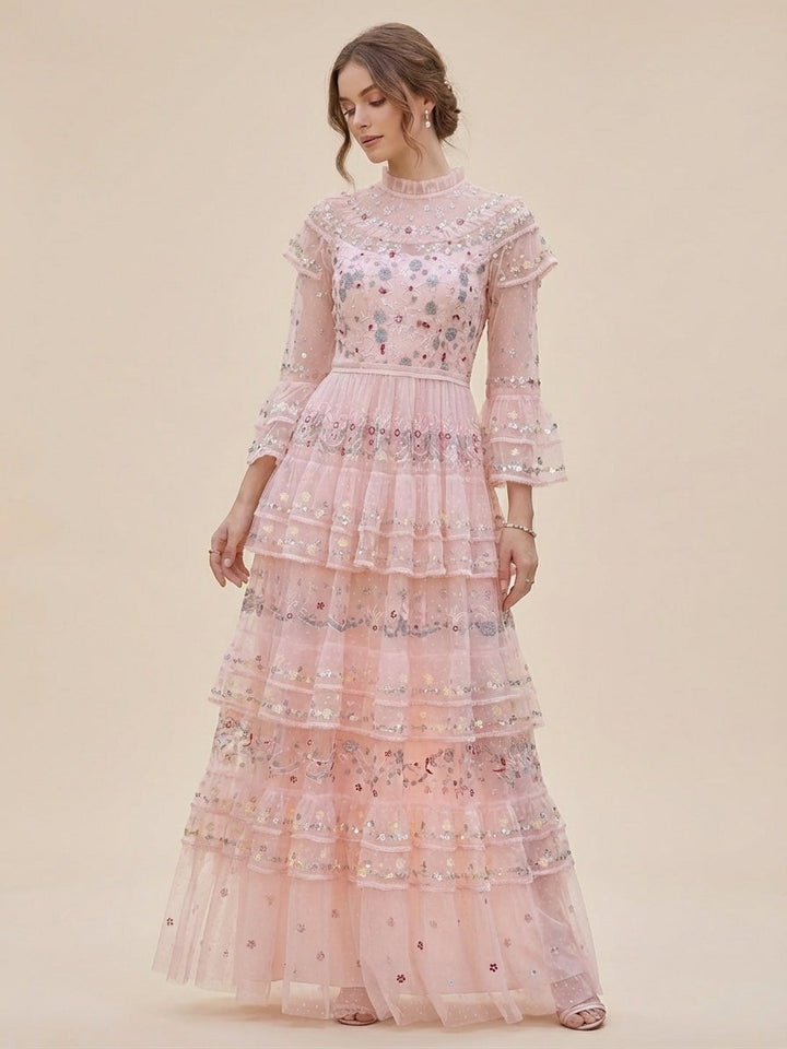 high-neck embroidered tulle maxi dress with layered ruffles – BLUSH