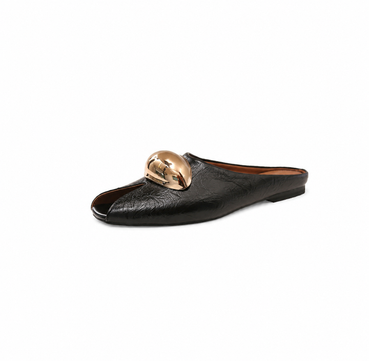 pointed-toe flat mule with gold dome accent – ZAREL