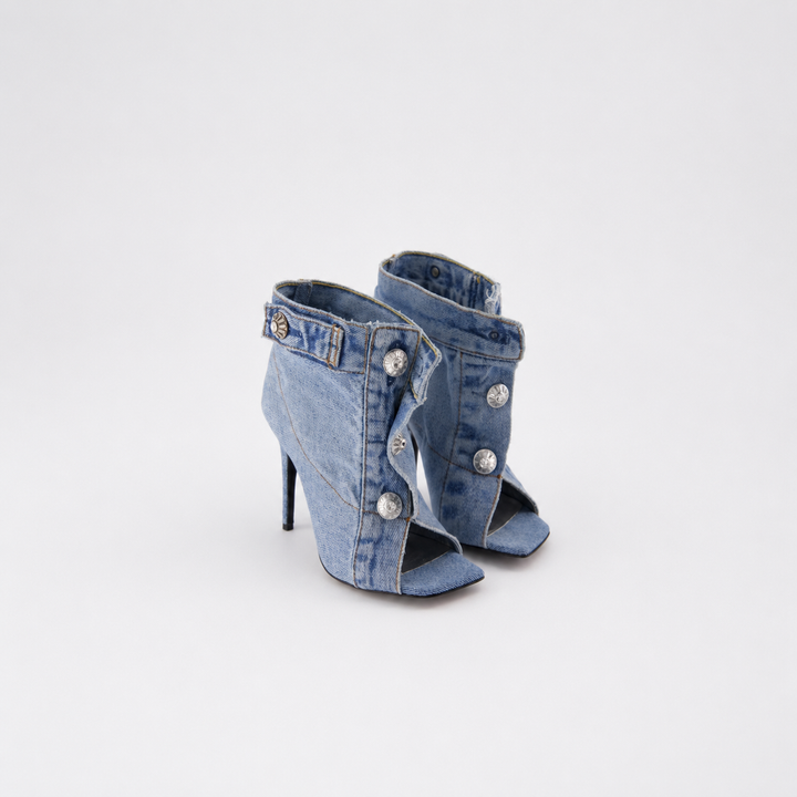 Denim Peep-Toe Button Ankle Boots – BLUE