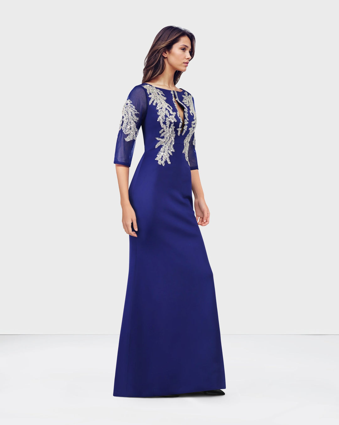 ODD-Sequined floor-length blue dress with see-through sleeves
