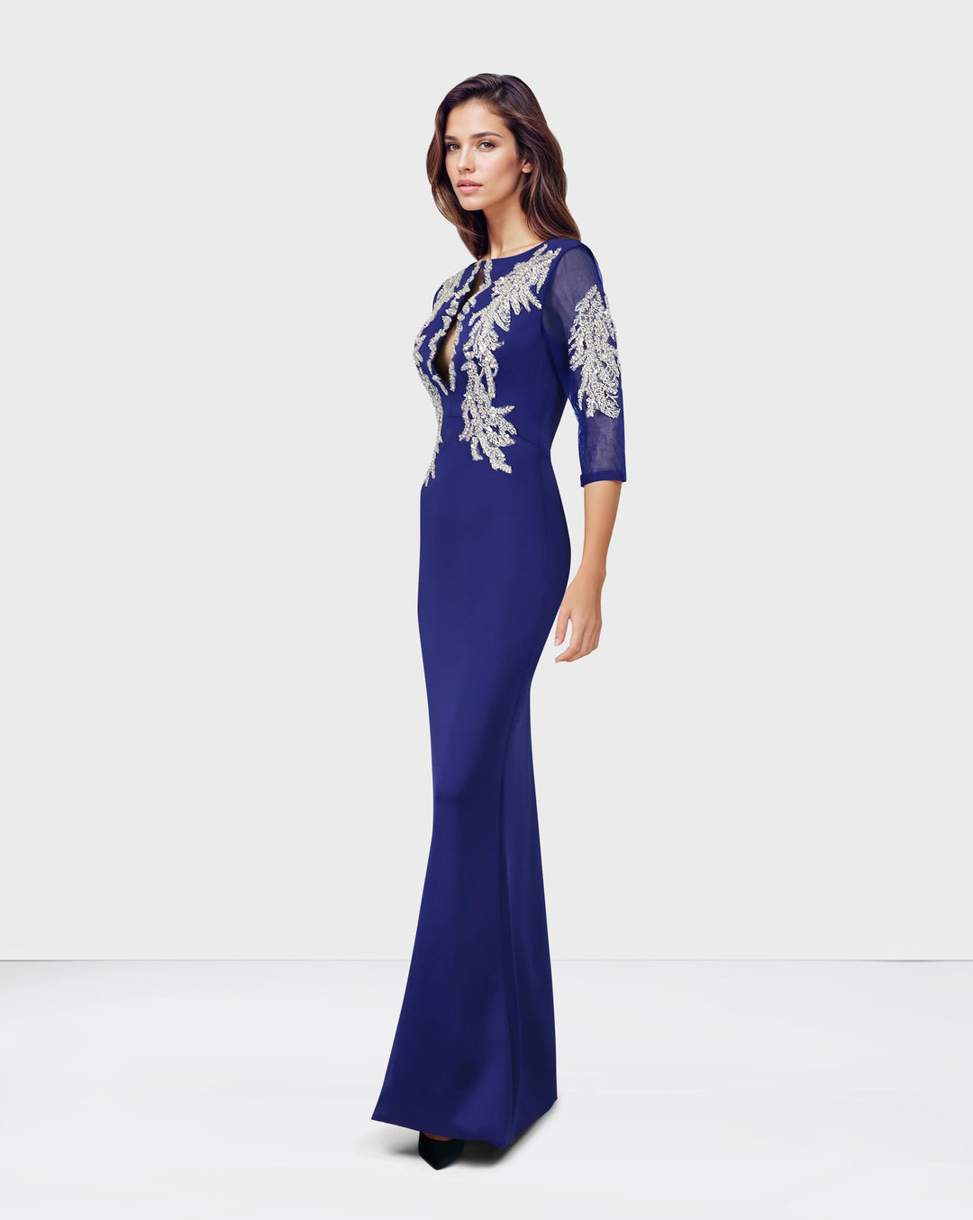 ODD-Sequined floor-length blue dress with see-through sleeves