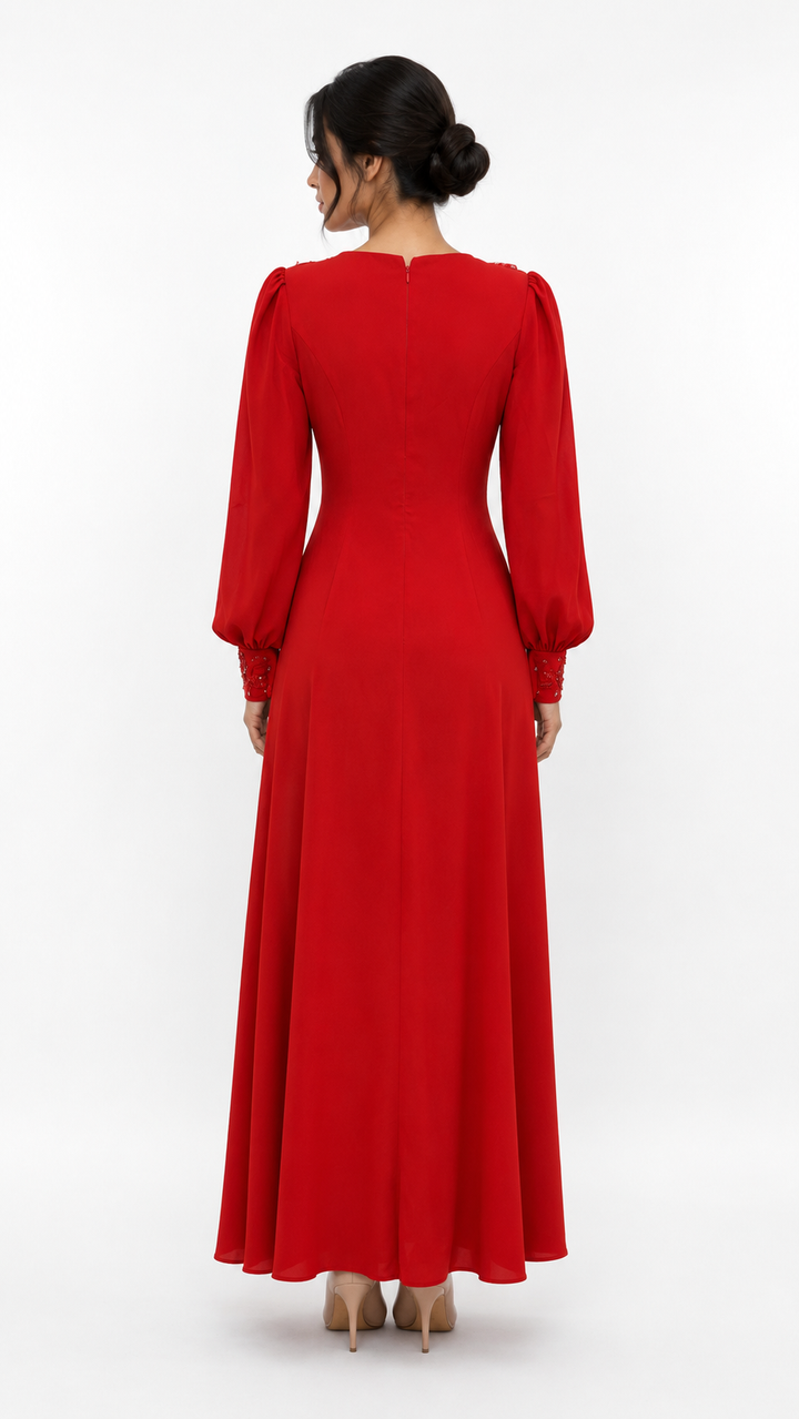 long-sleeve A-line evening gown with embellished V-neck – VALENTINA