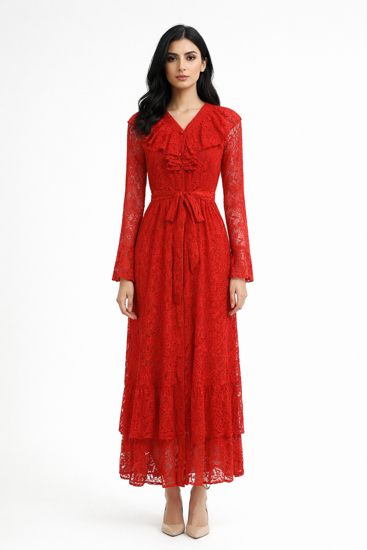 lace midi dress with ruffle neckline and waist tie – RUBY