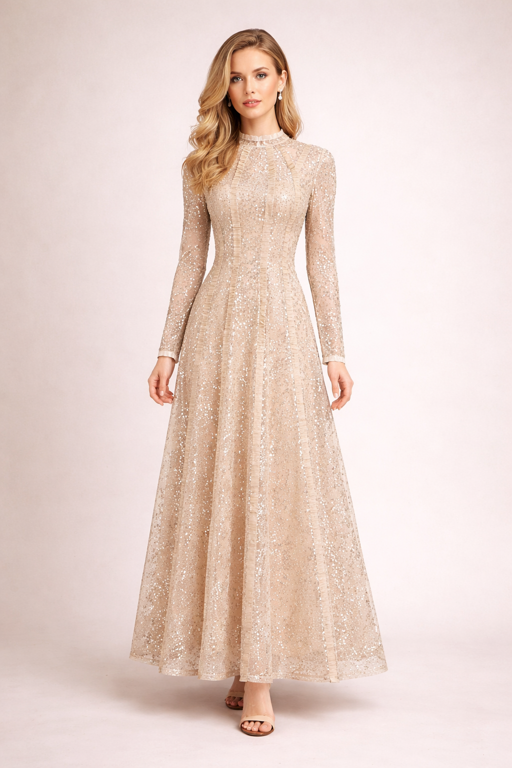 long sleeve embellished lace midi dress with high neck – CHAMPAGNE