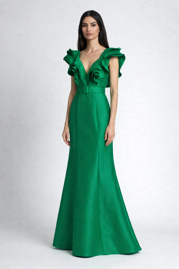 ruffled v-neck mermaid dress with belt – EMERALD