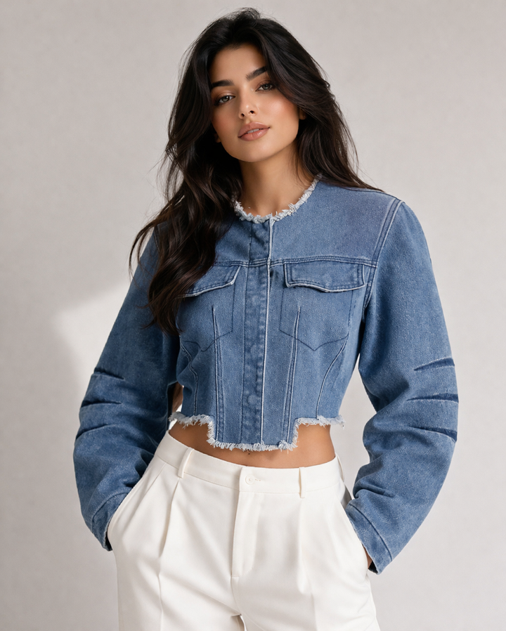 cropped denim jacket with raw edge detailing – URBAN