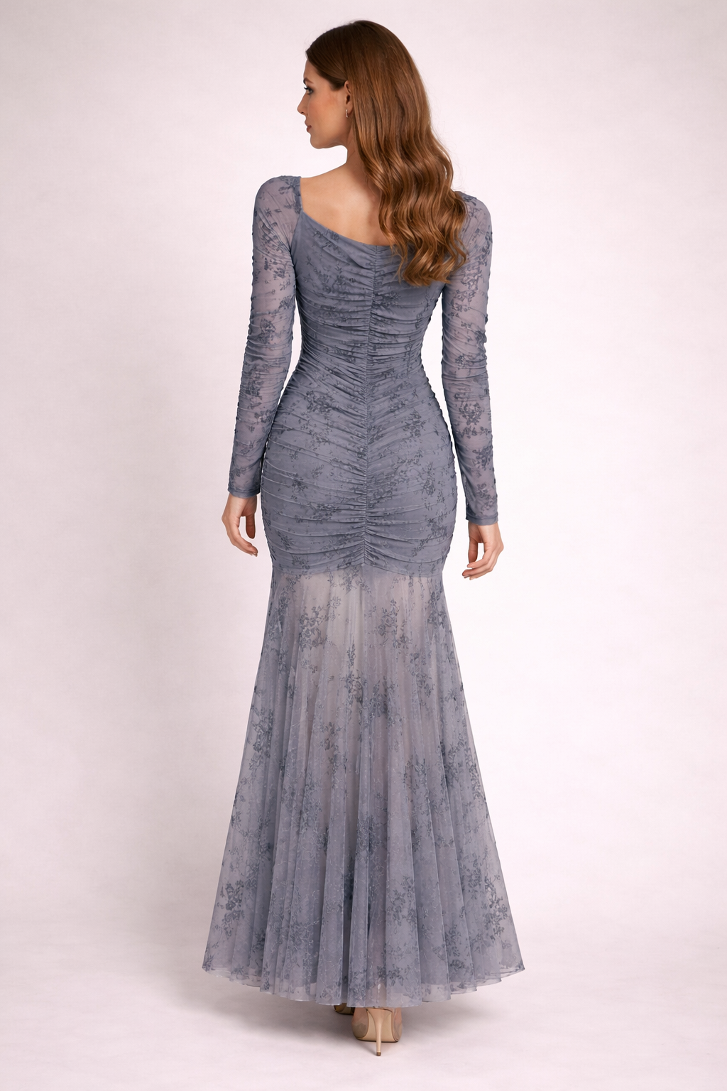 long-sleeve ruched floral midi dress with flared hem – ROSÉA