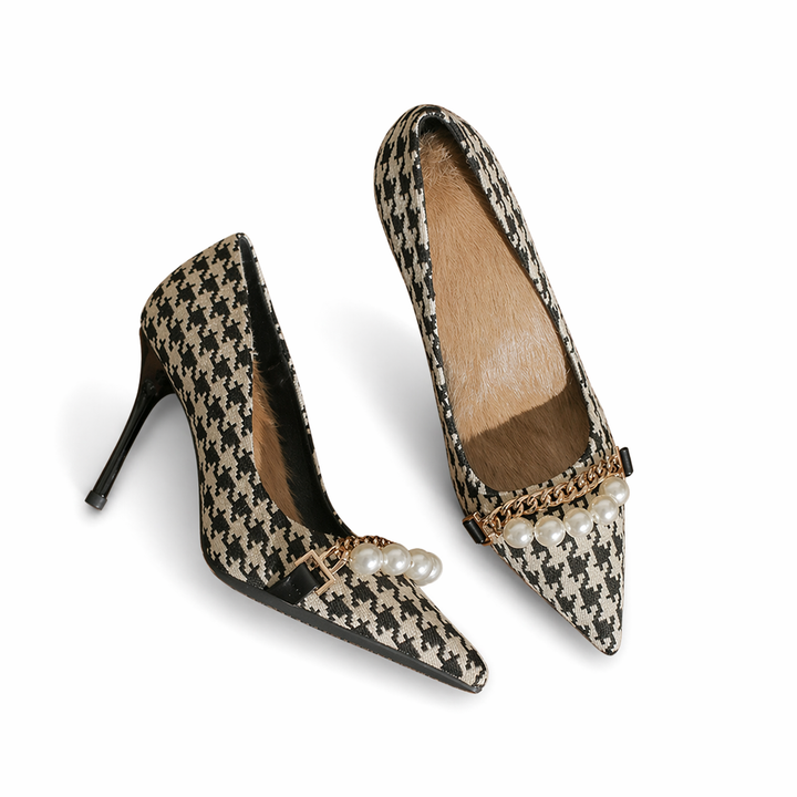 houndstooth pearl chain heels – PARIS