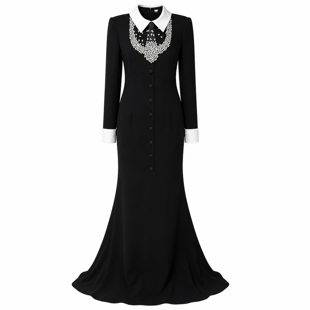 Black Embellished Collar Buttoned Maxi Dress – NOIRÉLLE
