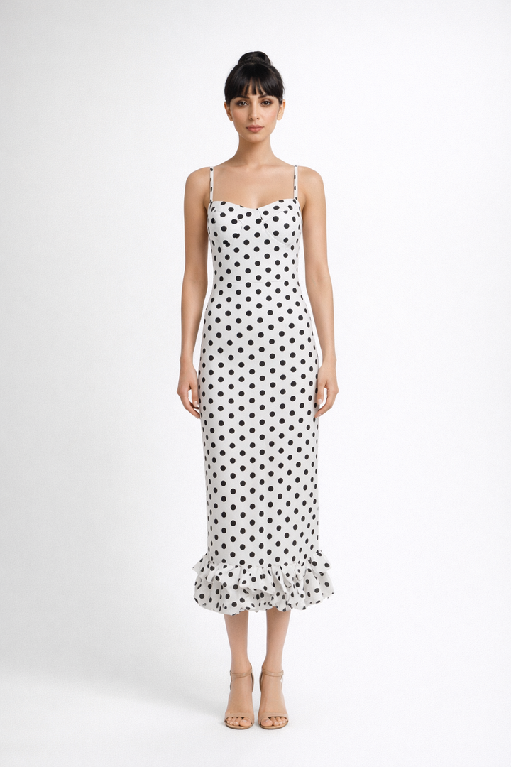 spaghetti strap bodycon dress with polka dot ruffle hem – MONROE