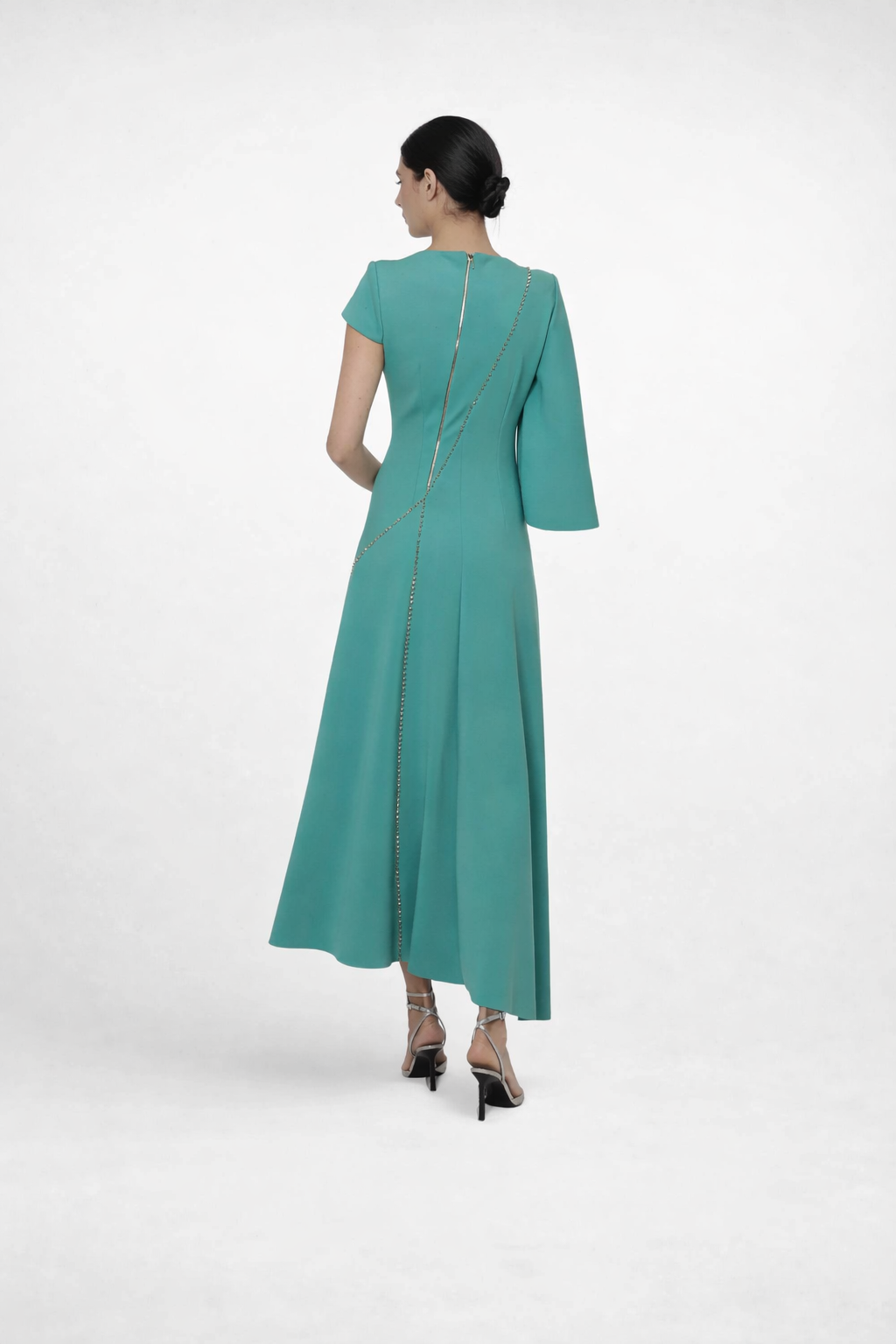 asymmetrical midi dress with cape sleeve and chain detail – EMERALD