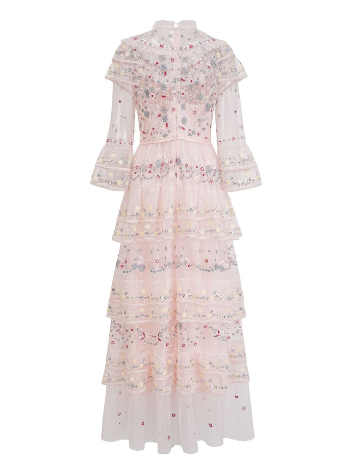 high-neck embroidered tulle maxi dress with layered ruffles – BLUSH