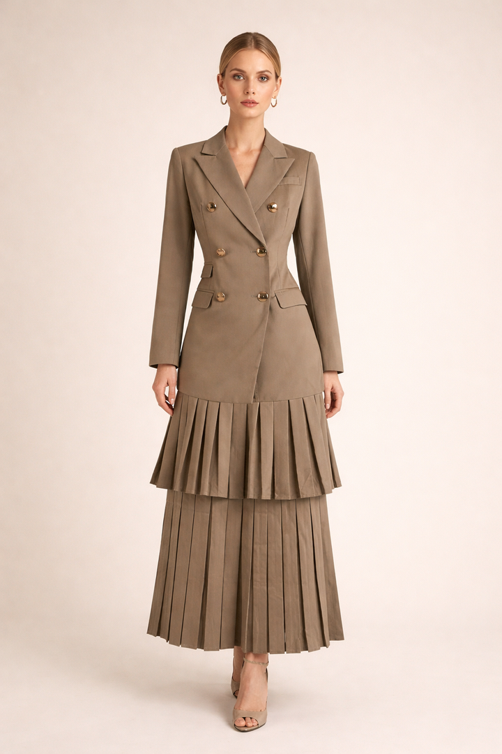 double-breasted blazer with layered pleated skirt set – OLIVE