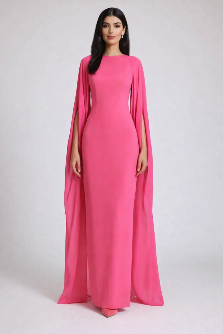 cape sleeve column dress with chiffon overlay – ROSALIA