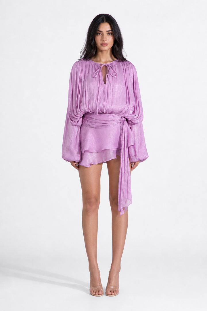 Lilac Draped Tie-Waist Mini Dress – AURÉLIA