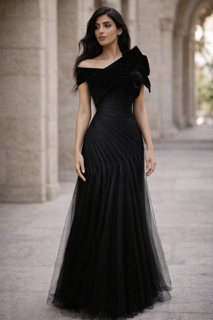 off-shoulder velvet bow gown – VALENTINA