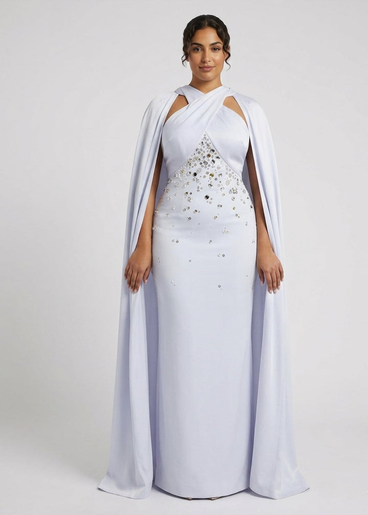 Sleeveless column dress with embellished bodice and loose cape - Lauren-1