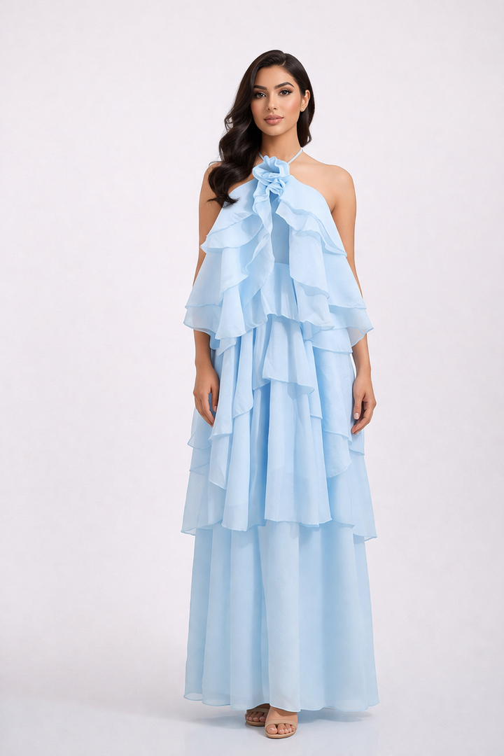 strapless tiered chiffon maxi dress with floral appliqué – CELESTE