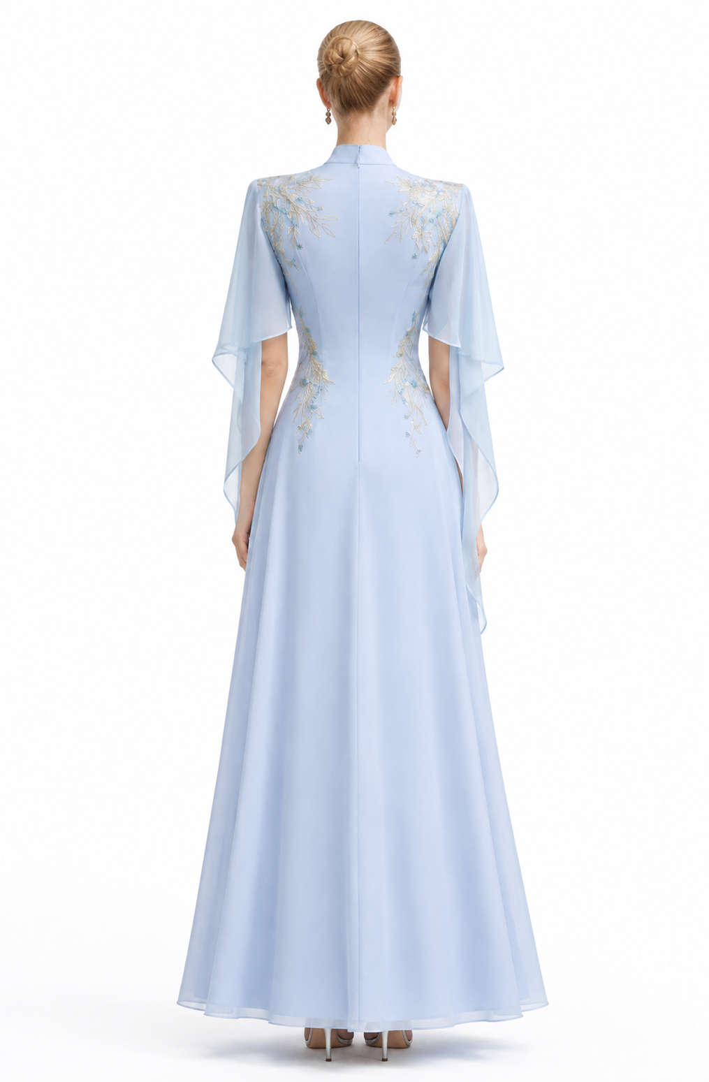 flowy chiffon evening gown with embroidered bodice – AZURE