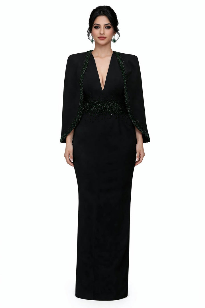 plunging v-neck gown with embellished cape – EMERALD-1